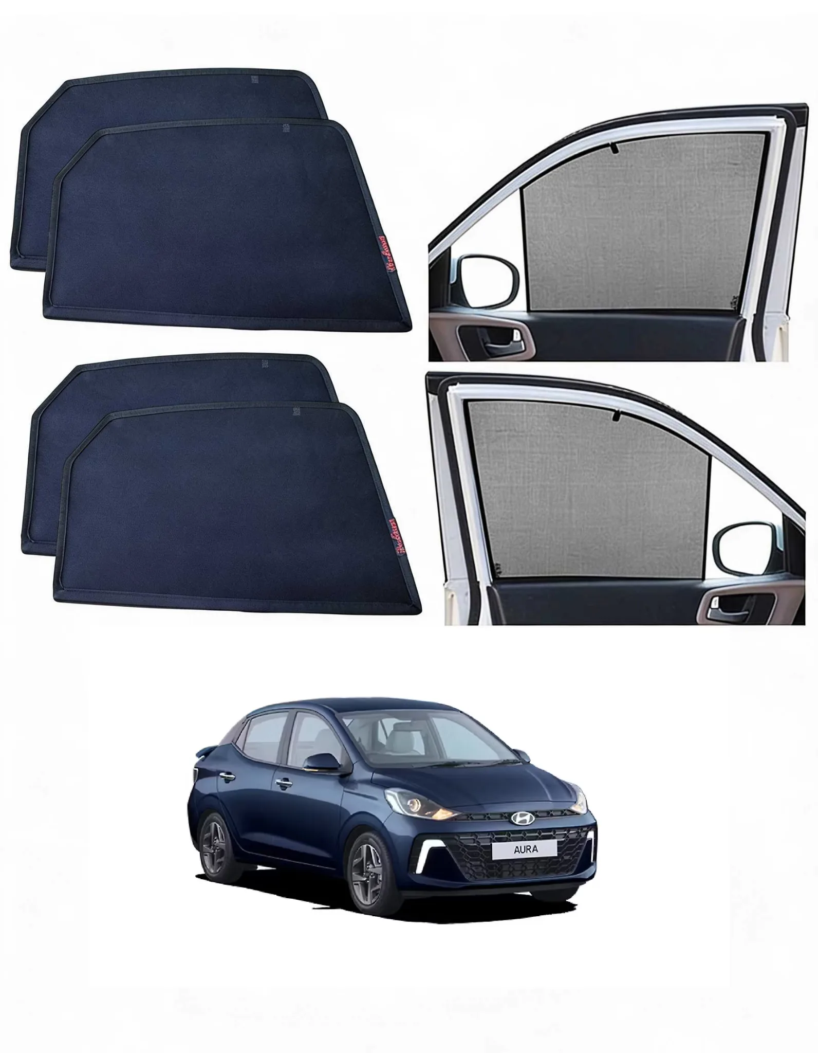 Combo of Car Side Window Half Curtain Sun Shades Compatible with Hyundai Aura 1st Gen (2023 Onwards) & Premium Foldable Rear Windshield Sunshade | UV Protection | Heat Resistant | Removable Car Window Curtains (Set of 5)
