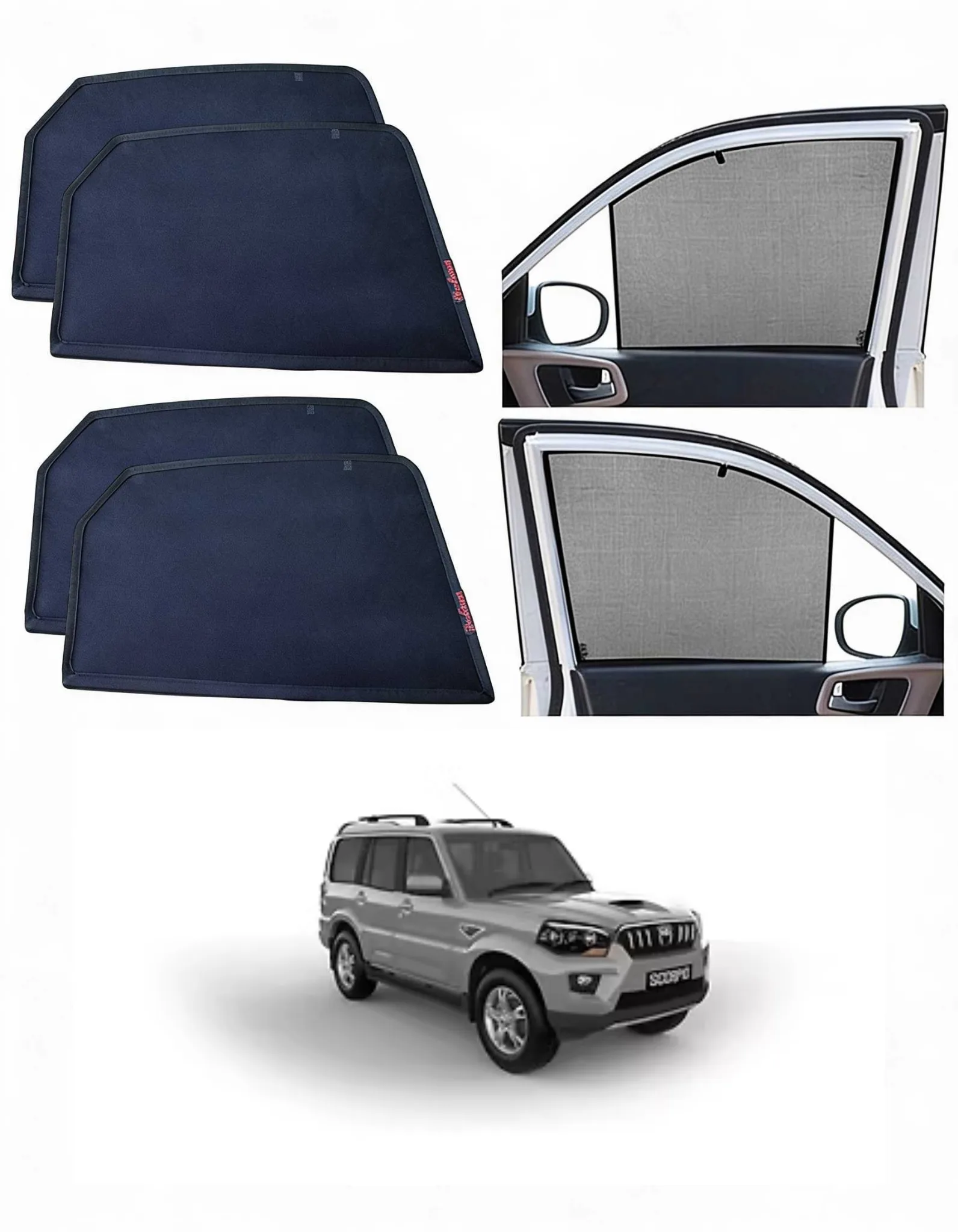 Combo of Car Side Window Half Curtain Sun Shades Compatible with Mahindra Scorpio 3rd Gen (2014-2019) & Premium Foldable Rear Windshield Sunshade | UV Protection | Heat Resistant | Removable Car Window Curtains (Set of 7)